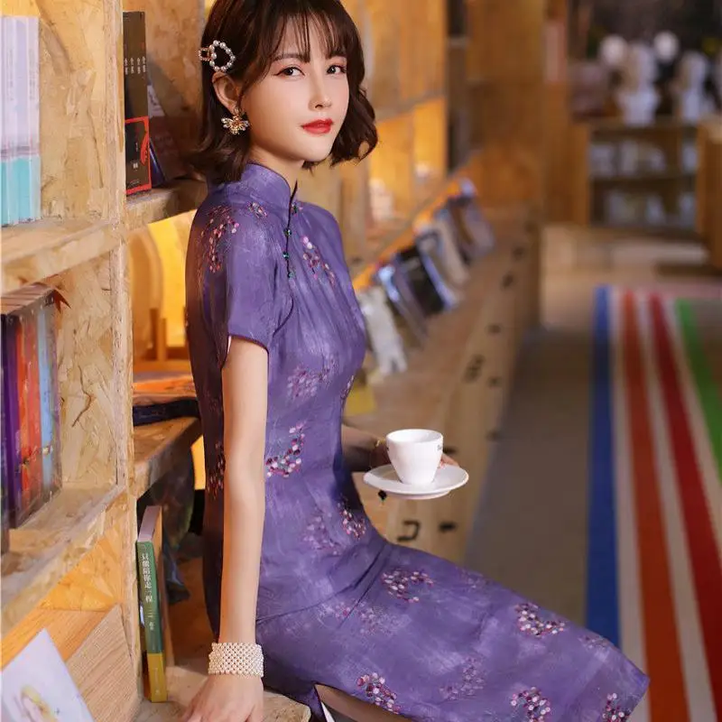 

Lady Green Pearl Mandarin Collar Cheongsam Slim Mid-Length Cotton Chinese Dress 2021 Summer New Print Floral Qipao Plus Size 3XL