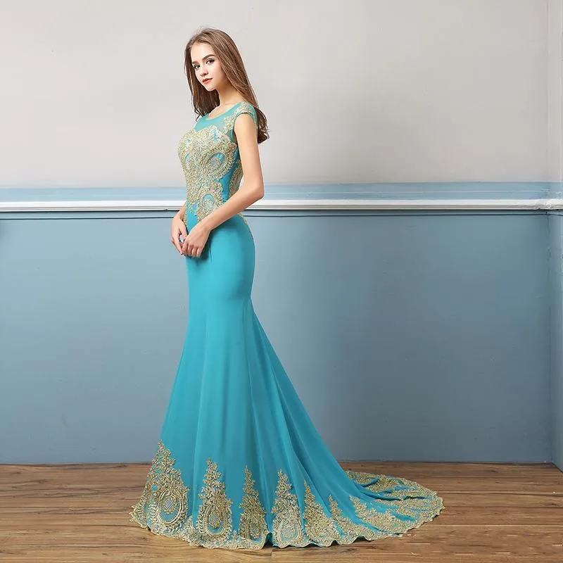 Robe De Soiree элегантные Голубые Вечерние платья золотого цвета с кружевной