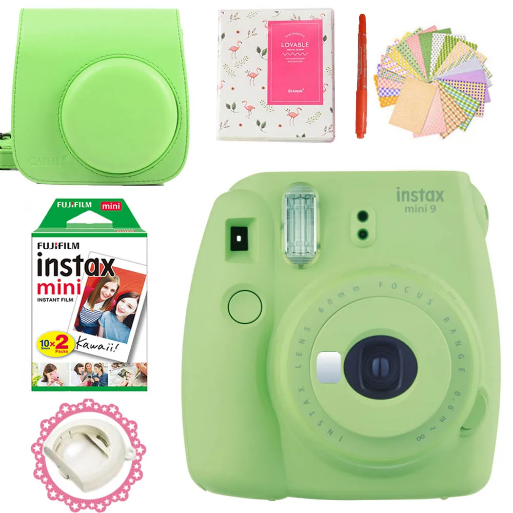 Фотокамера моментальной печати Fujifilm Instax Mini 9+ 20 снимков Instax Mini 8 белых пленок фото+ чехол для переноски/альбом/ручка/наклейки - Цвет: Lime Green