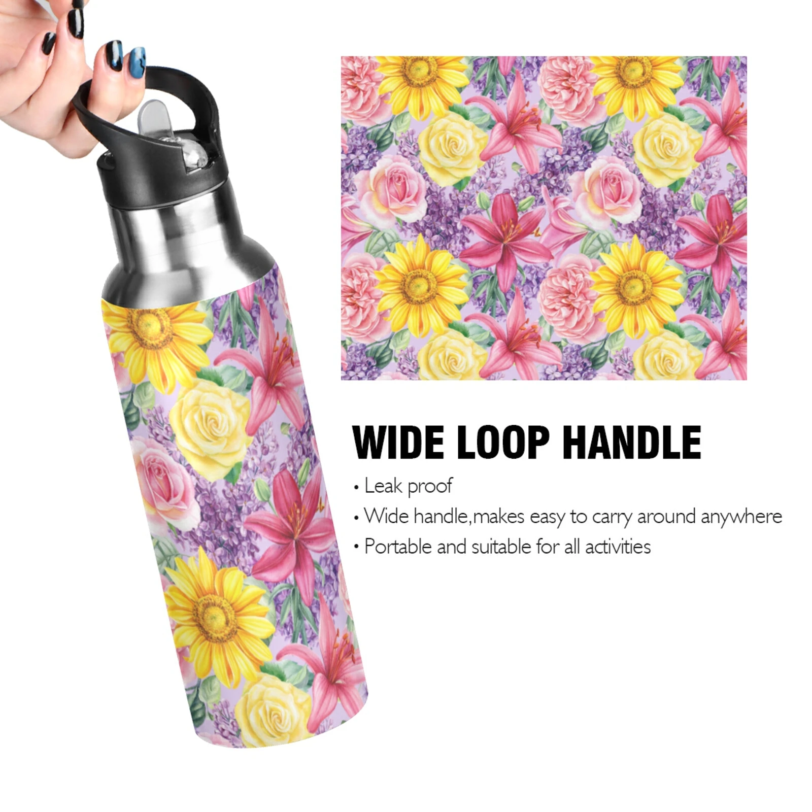 Sports Water Bottle 600ML, 304 Stainless Steel, Portable Bottle for Hiking Cycling, Sunflower Vacuum Thermos Flask, Outdoor Mugs