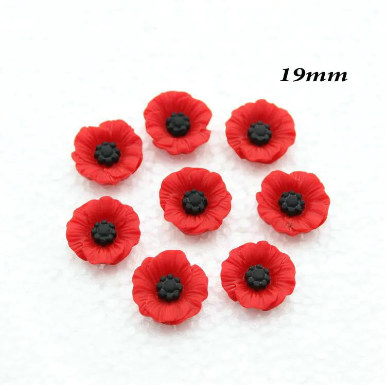 

200pcs Chic Resin Red Poppy Flower Artificial Flower Flatback Embellishment Cabochons Cap for Home Decor 19mm Display