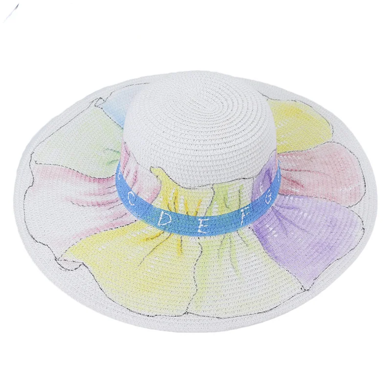 

women hats summer big birm 15cm print luxury elegant round top straw hats sun protection beach casual ladies sun protection hats