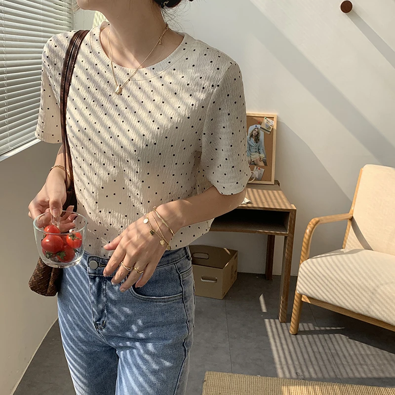 Женские винтажные повседневные футболки в горошек с круглым вырезом Модные