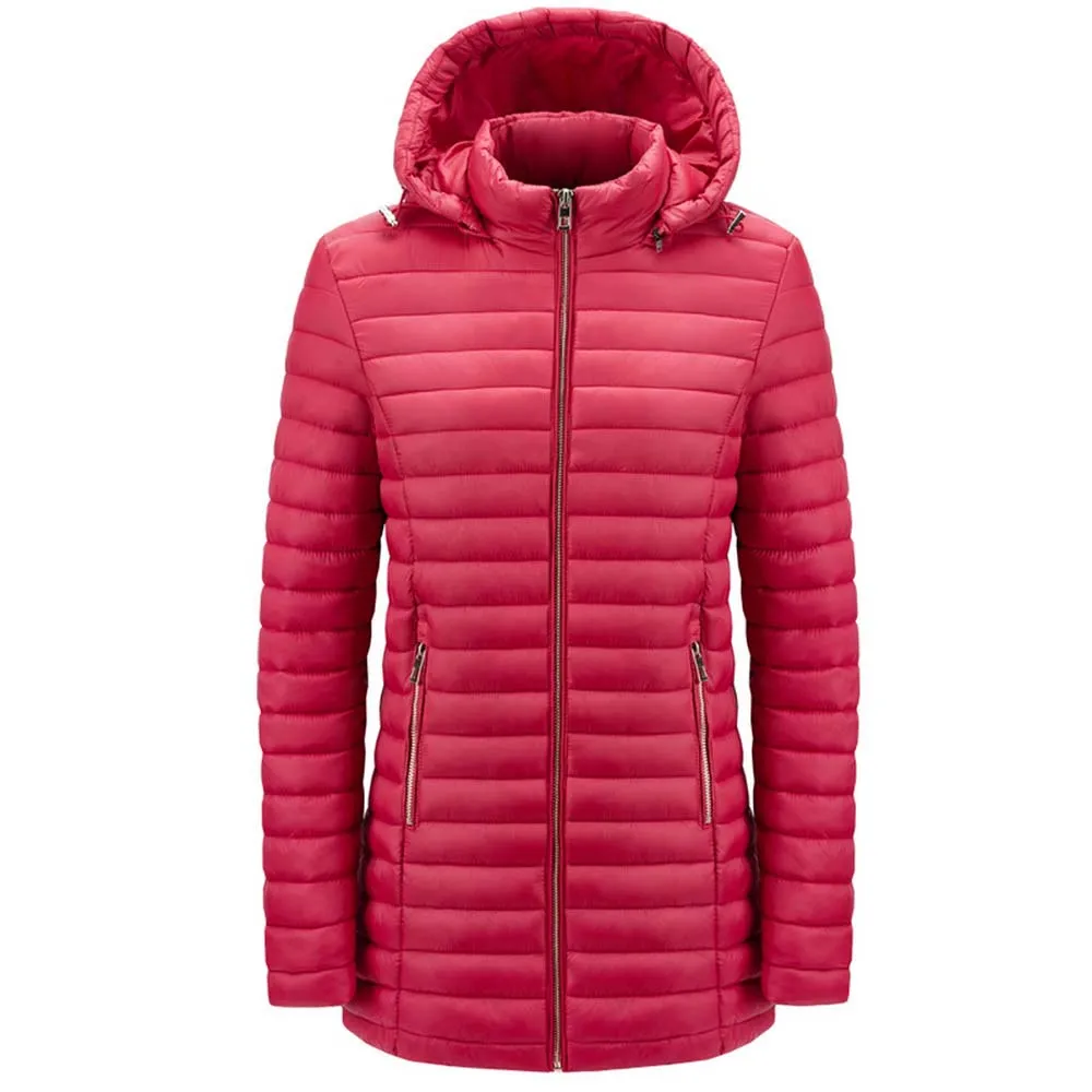 

Women Long Sleeve Zip Casual Solid Thick Down Coat Winter Windbreaker Winter Draw String Jacket Hooded with detachable hood