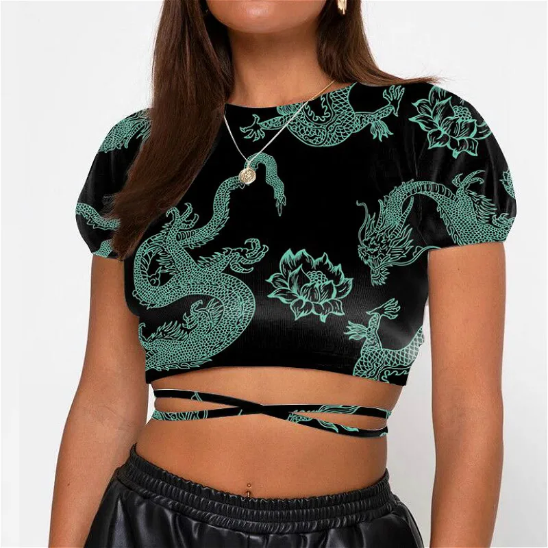 Женская футболка с коротким рукавом открытой спиной и принтом дракона | одежда