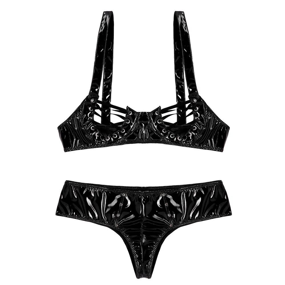 

Womens Latex Wet Look Patent Leather Sexy Exotic Lingerie Set Lace-up Cups Bra Top with Low Rise Underwear Panties Nightwear