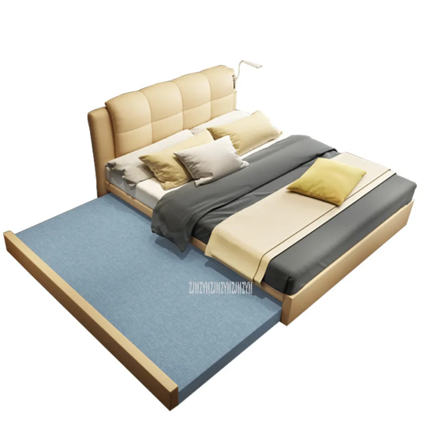 

1.8X2M Double Person Bed With 1.2M Drawer Type Pull-out Bed Real Genuine Leather Backrest Modern Bed Home Bedroom Furniture
