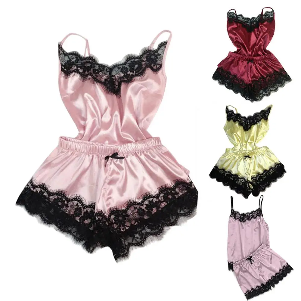 Женский сексуальный пижамный комплект из искусственного шелка с глубоким v