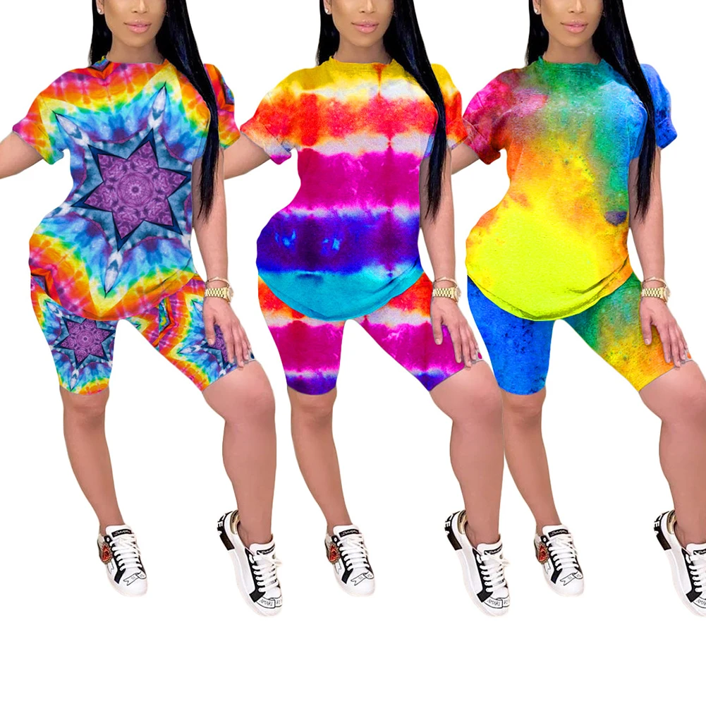 Женский летний спортивный костюм Tie Dye комплект из двух предметов короткий топ на