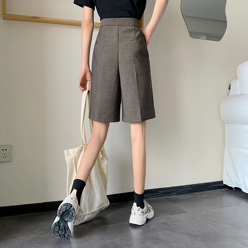 

Chain Shorts Women High Waist Wide Leg Loose Casual Half Trouser Plus Size Zipper Fly Pocket Suits Pants Streetwear Lady