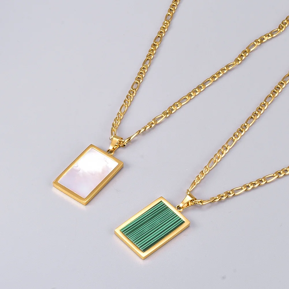 

18k Natural Shell Square Stainless Steel Pendant Necklace Gold Fashion Necklace For Women Green Malachite Stone Charm Jewelry