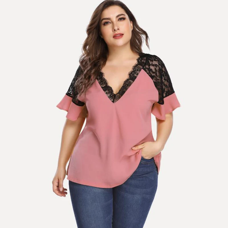 

S-5XL негабаритных 2020 летние модные топы для женщин футболка с короткими рукавами и сетчатой оборкой сексуальное нижнее белье с глубоким v-обр...