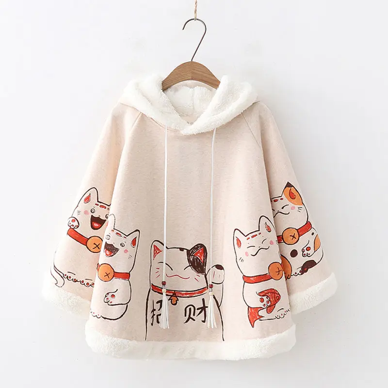 Плащ в стиле Лолиты Kawaii Lucky Cat, толстовка с ушками Mori, теплый зимний Свободный плащ для девочек, японский костюм для школьниц Harajuku
