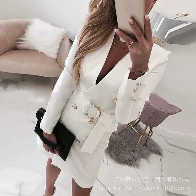

WEPBEL Dress Women's Casual Solid Color Slim Dress Summer Sexy Long Sleeve V-neck High Waist Double Breasted Dress
