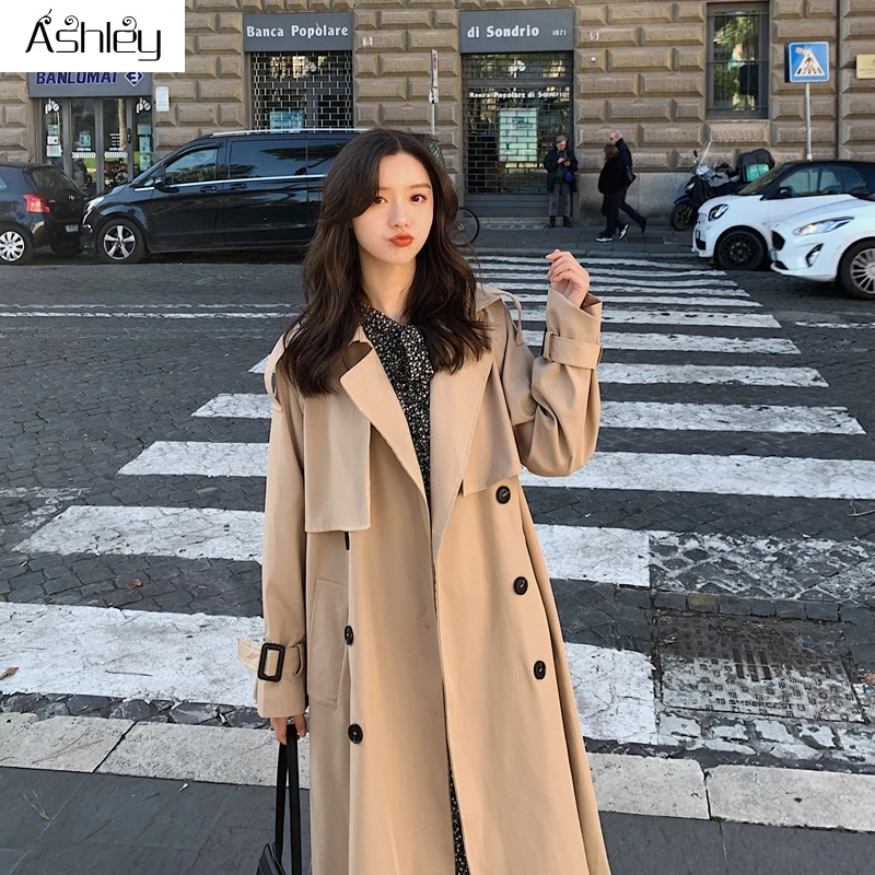 

Ashley Casual lapel splicing women trench Long sleeve double breasted belt female windbreaker High street ladies long wind coat