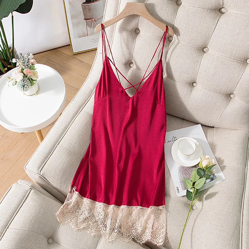 

Women Lace Patchwork Spaghetti Strap Nightdress Satin Nightgown Sleepwear Summer New Intimate Lingerie Sexy Bathrobe Nightwear