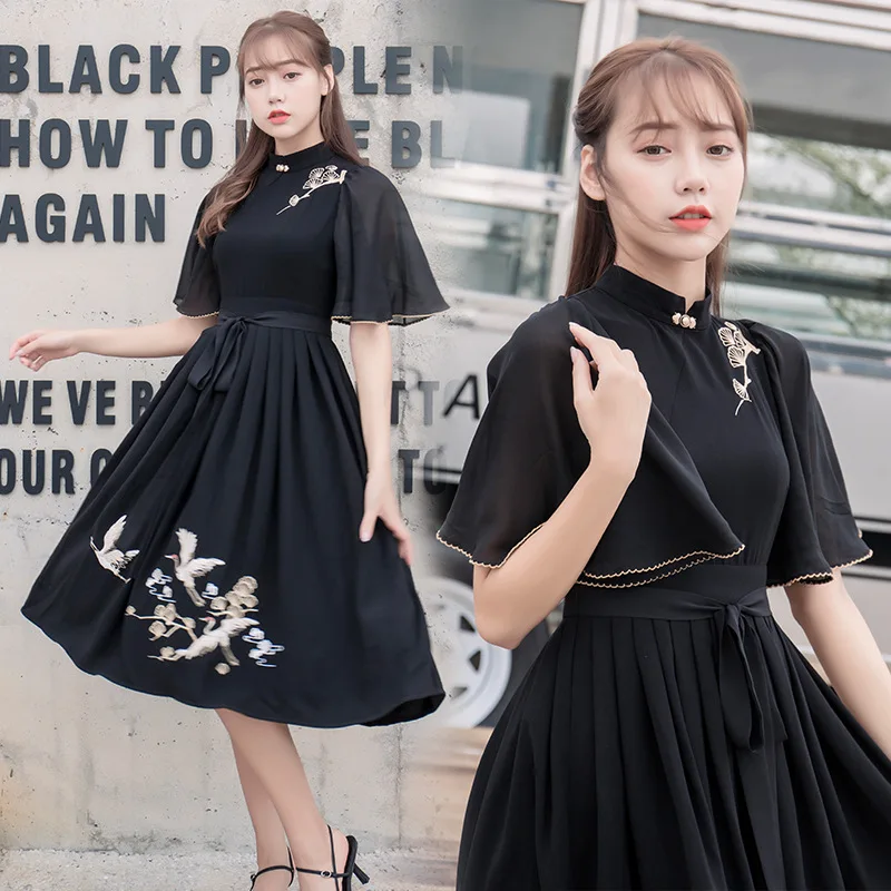 

Chinese wind summer wear black ancient elegant dress daily hanfu female han elements ancientry cranes embroidery skirt