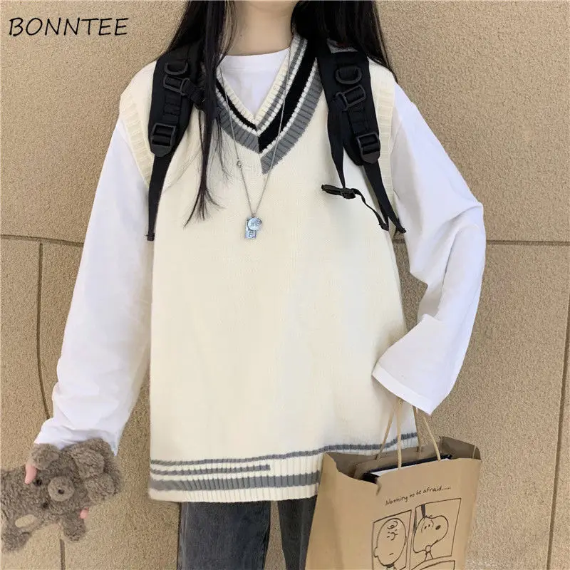 

Sweater Vest Women Spring Sweet Simple New Chic Students All-match Patchwork Vintage Daily Tender Fashion Loose Ulzzang Knitwear