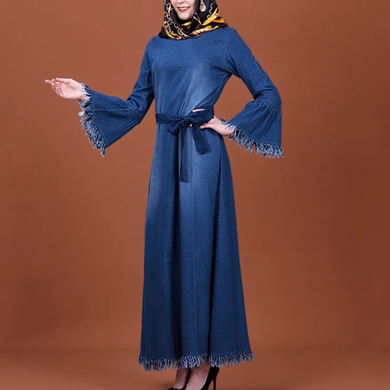 Женское джинсовое Макси-платье MISSJOY длинное платье с длинными рукавами в