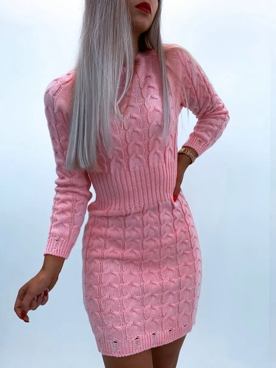

Spring Autumn Elegant Casual Knitted Sweater Dress Women O-Neck Long Sleeve Mid Waist Solid Slim Pullovers Pencil Short Dress