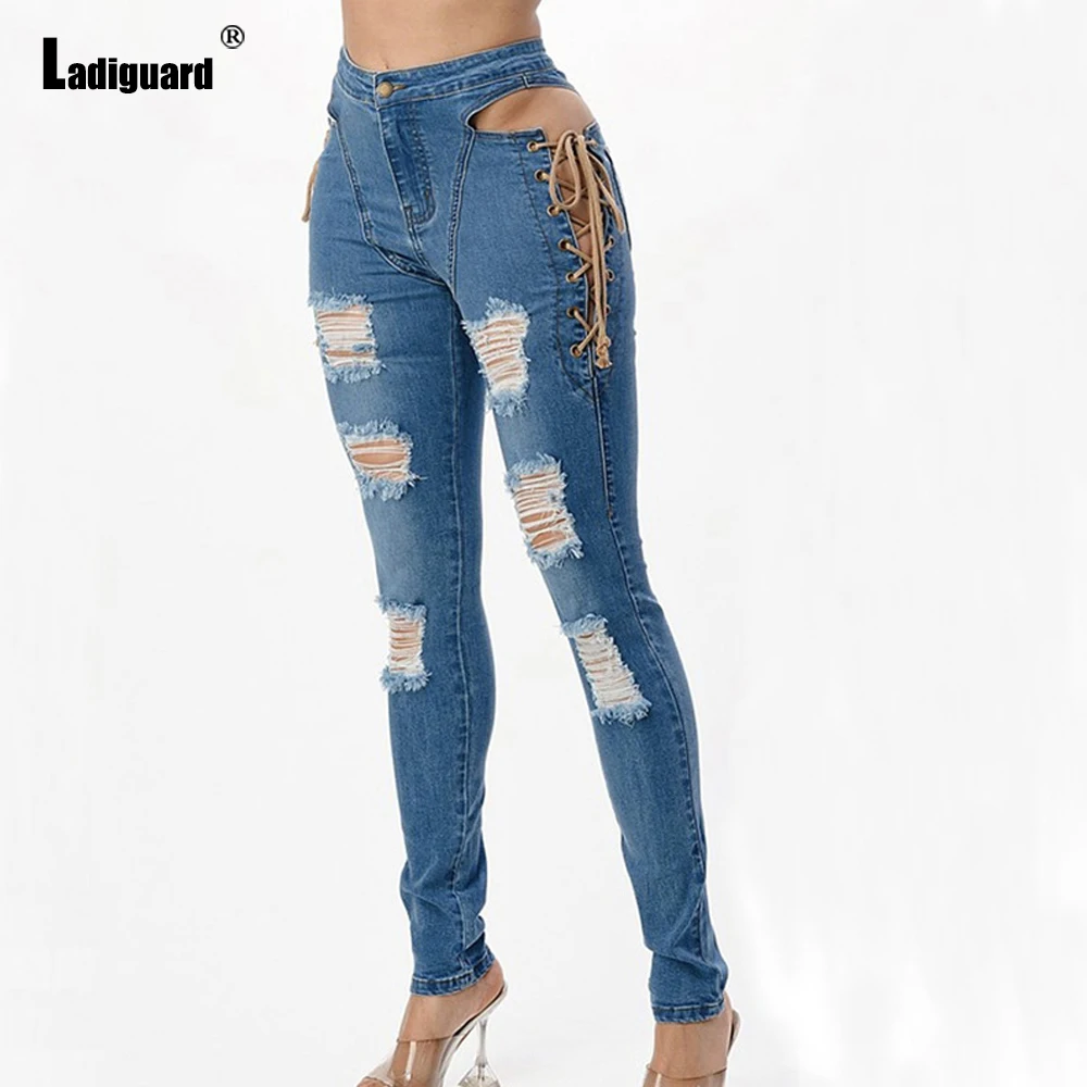 Sexy Bandage Hole Ripped Denim Pant Jeans High Cut Women Slim Fit Calca Jean Ladies Skinny Pencil Pants Fashion Boyfriend Jeans