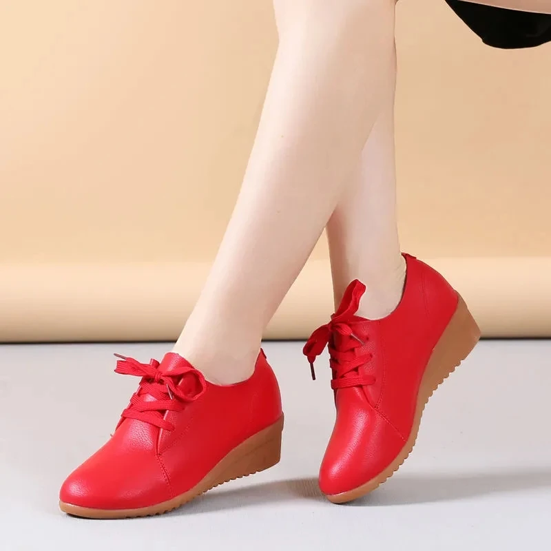 

Fashion Lace Up Red Sneakers Women Spring Summer Wedges Shoes, Size 34-42 Increasing Height Split Leather Maccasins Ballet Flats