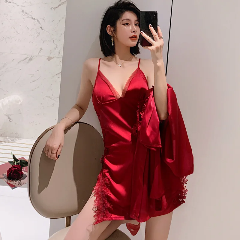 

Sexy Silk Pajamas with Chest Pad 2021 Spring and Summer New Satin Lace Strap Short Nightdress Luxury Elegant Robe Sleepwear New
