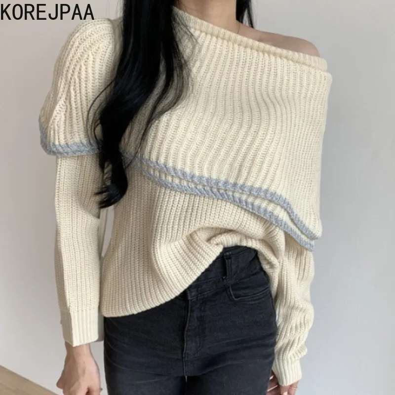 

Korejpaa Casual Women Sweater Autumn Winter Korean Style Female Double Ruffles Off Shoulder Slash Neck Long Sleeve Knit Pullover