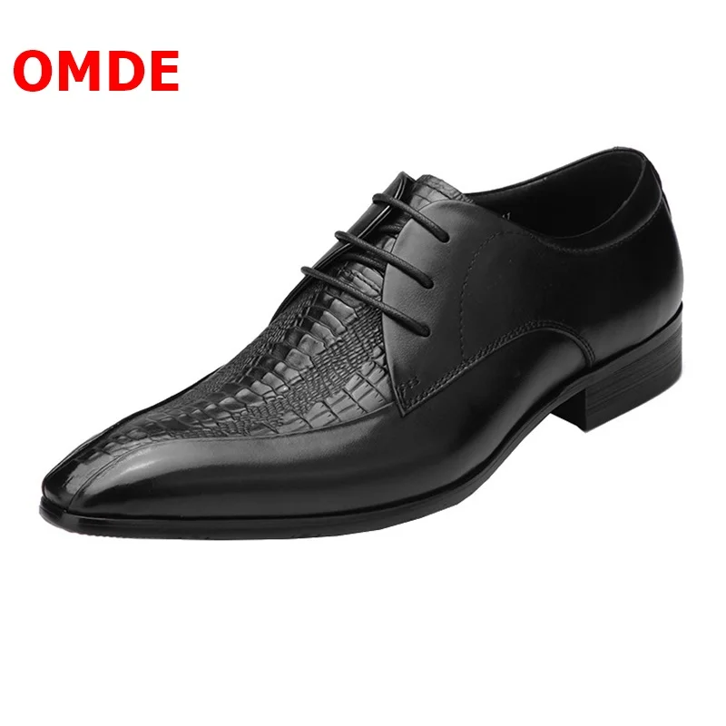 

OMDE Genuine Leather Crocodile Pattern Pointed Toe Formal Shoes Men Dress Shoes Fashion Lace-up Office Wedding Mens Shoes