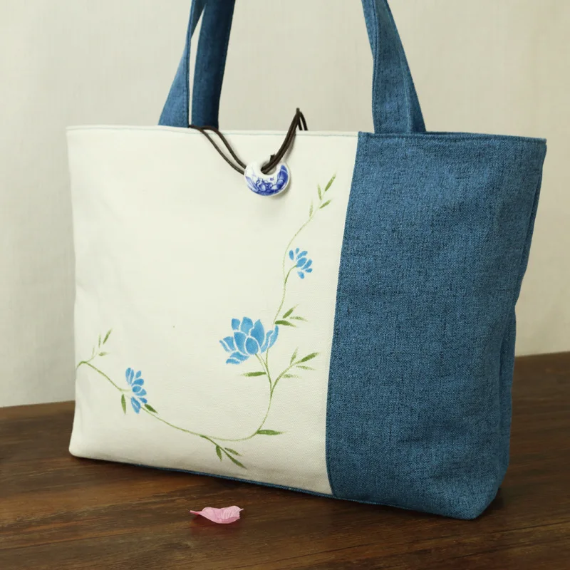 

Mysterious Oriental Traditional Hand-painted Blue and White Fabric Characteristic Shoulder Bag Ladies Bag Painting Bag Floral