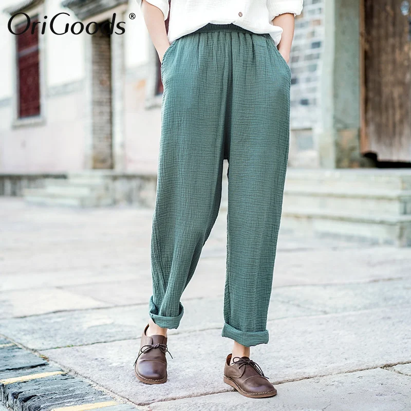 Женские шаровары из хлопка и льна с эластичным поясом|Брюки| |