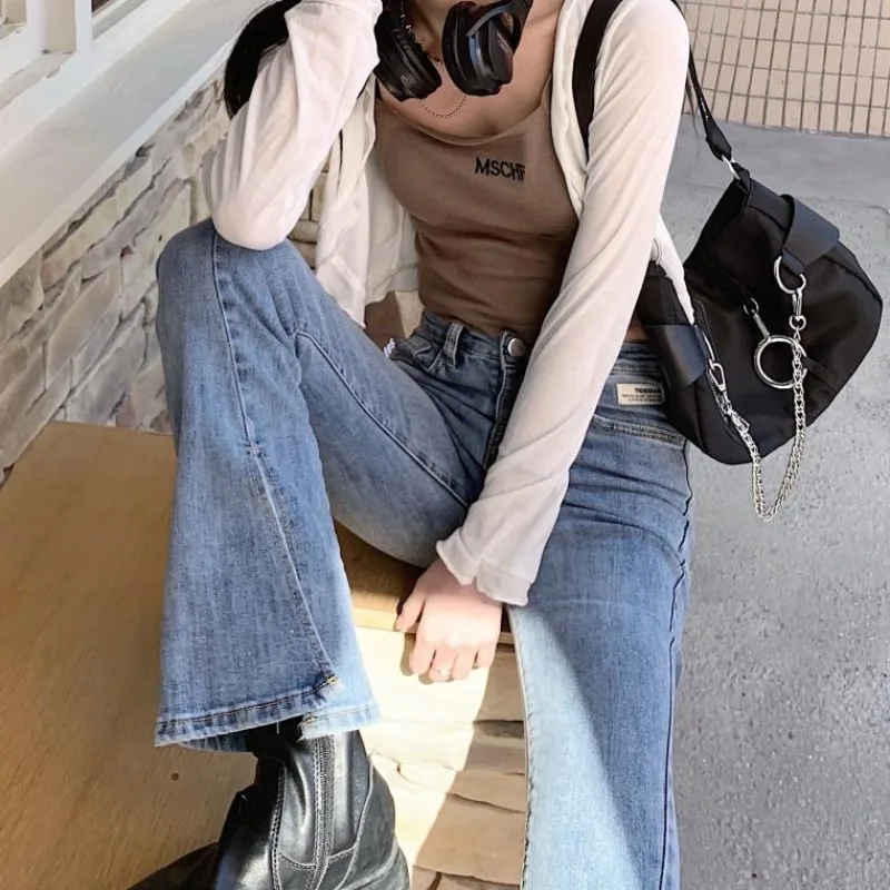 

High Waist Jeans for Women Spring 2021 New Hong Kong Style Design Sense Split Flared Pants Student Wide-Leg Pants Fashionable