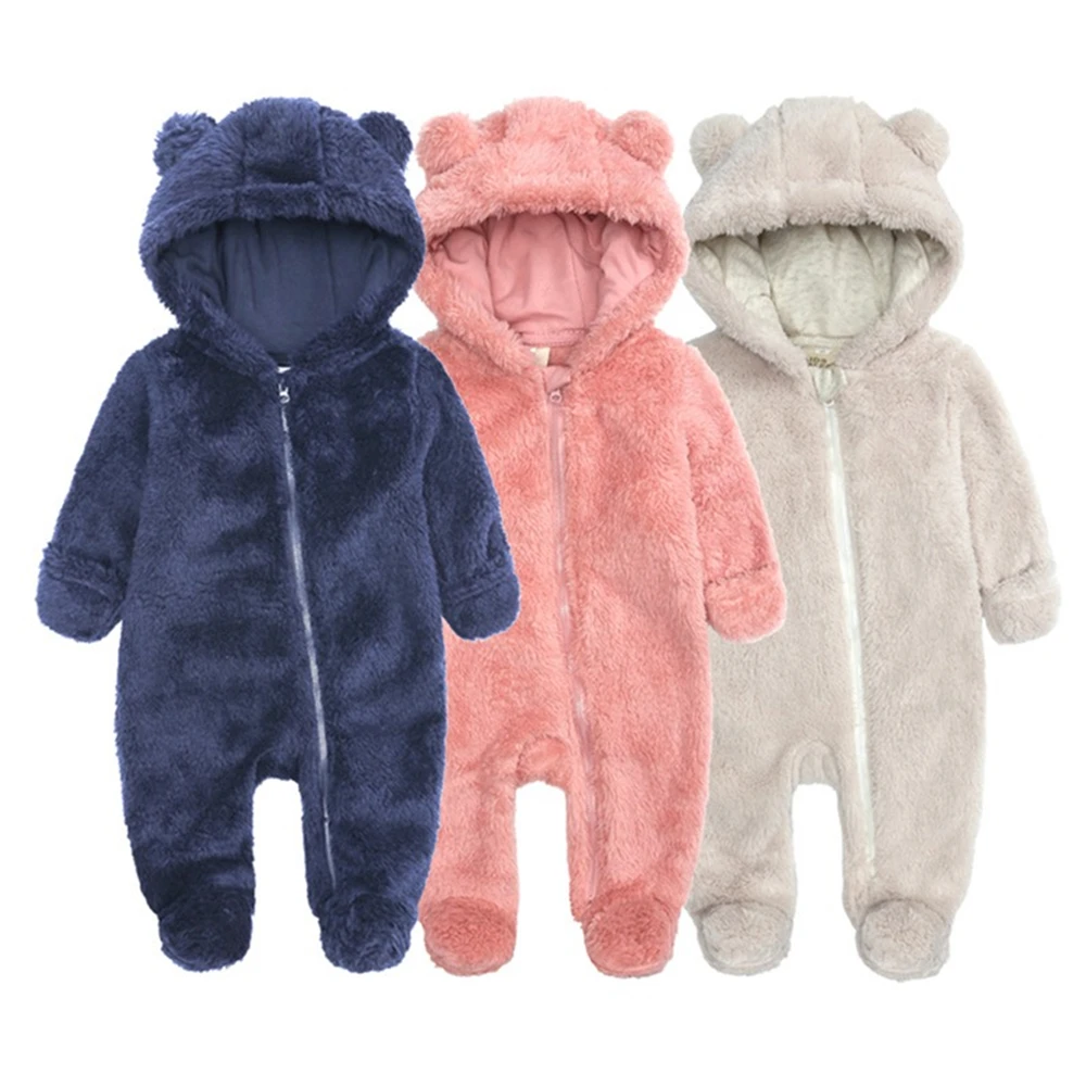 

Cute Newborn Clothes Baby Girl Boy Fuzzy Hooded Romper Winter Warm Unisex Baby Long Sleeve Bear Ears Zipper Jumpsuit