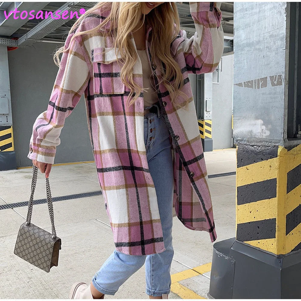 

2021 New Women Checked Shirt Autumn Winter Woolen Blends Warm Coats Long Plaid Female Elegant Chic Retro Casual Jackets XXL
