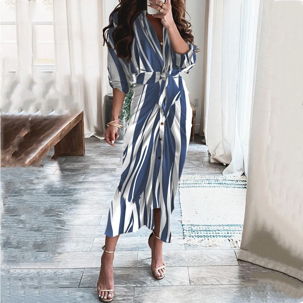 

Женское платье в полоску, с длинным рукавом и V-образным вырезом