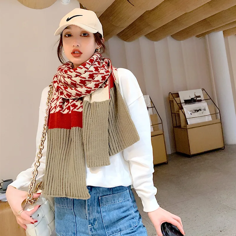 

2020 Luxury Women Winter Scarf Houndstooth Thick Warm Female Knitted Wool Scarves Blanket Stole
