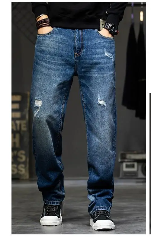 High Waist Jeans Big Men Black Size 42 44  Male Stretched Loose Straight Tall Man Trousers Denim Blue Elastic Jeans