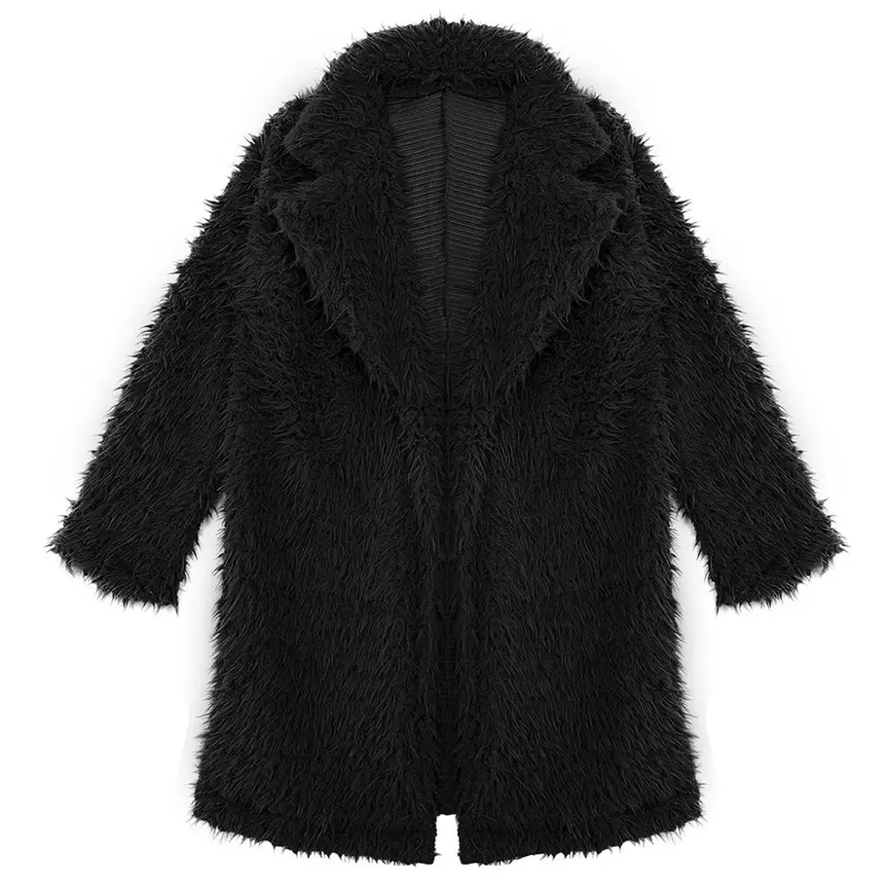 Black Faux Fur Coat Plus Size Women Autumn Winter Fluffy Plush Coat Solid Lapel Long Sleeve Cardigan Coat Warm Soft Outwear - Color: Black