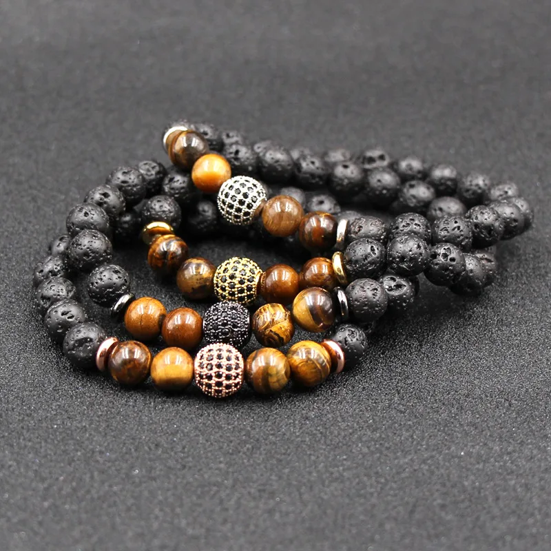 

Natural Black Volcanic Lava Stone Distance Tiger Eye Stones Bracelet Pave CZ ball Beads Bracelets For Women Men Jewelry Pulseras