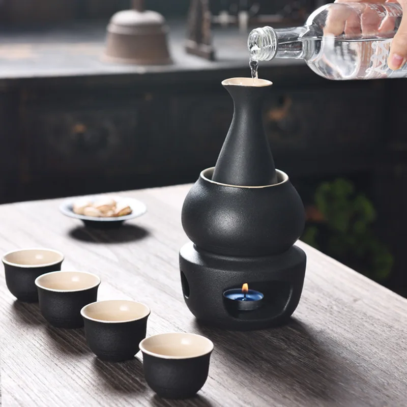 Juego de Sake de cer&aacute;mica con calentador, incluye 1 botella de Sake, 4 tazas de Sake, 1 taza m&aacute;s caliente, 1 vela, estufa de calefacci&oacute;n-3