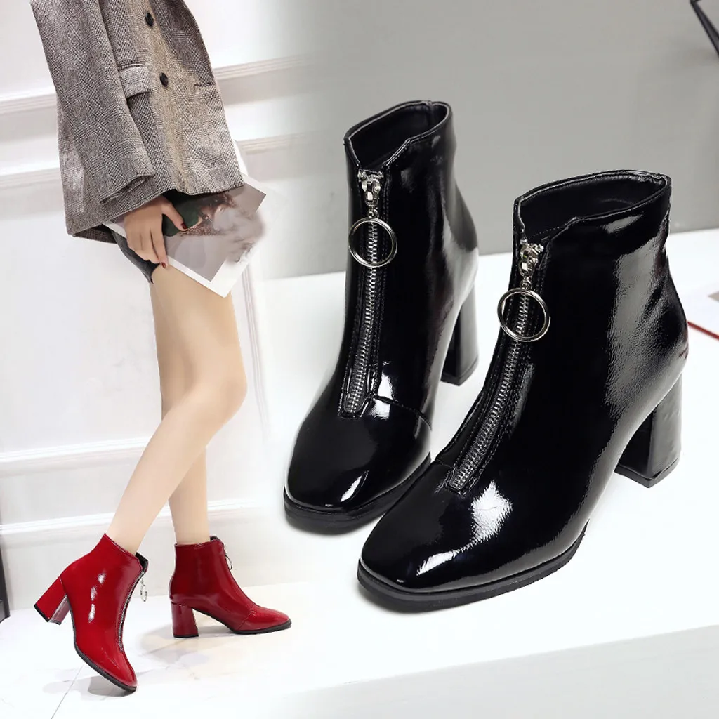 Women Ankle Boots Bright Leather Ring Zipper Female High Heel Shoes Square with Ladies Fashion British Wind Plus Size | Обувь