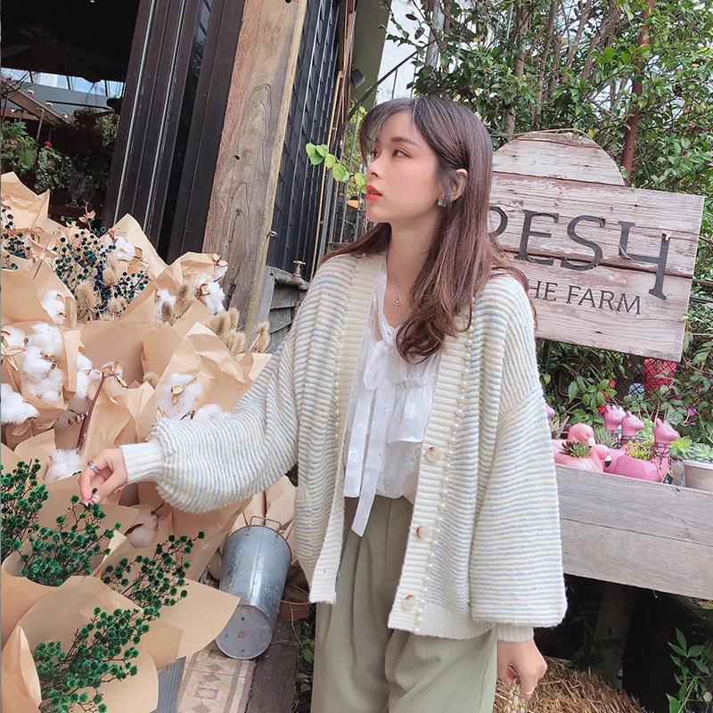Mishow 2019 Women Autumn Winter Striped Knitted Cardigan Korean Single-breasted Half Open Collar Female Sweater Coat MX19C5237 |