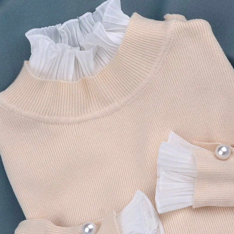Pearl Knitted Women Sweaters and Pullovers Ruffles Lace Patchwork Solid Lantern Sleeved Lady Elegant Pulls Fashion Outwear Tops | Женская