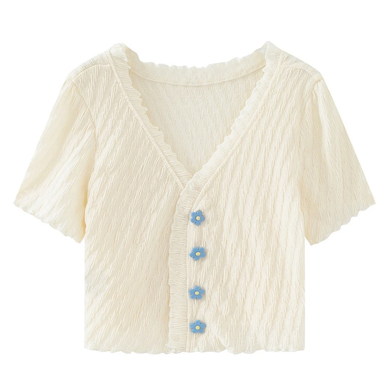 

2021 Summer Sweet Hot Girl White V-neck Short-Sleeved Cotton Knit Cardigan Shirt Solid Color Short-Sleeved Short T-Shirt Women