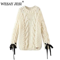 wesay jesi women sweater autumn beige cable knit fashion casual bow long sleeve top vintage warm long sweater women pullover