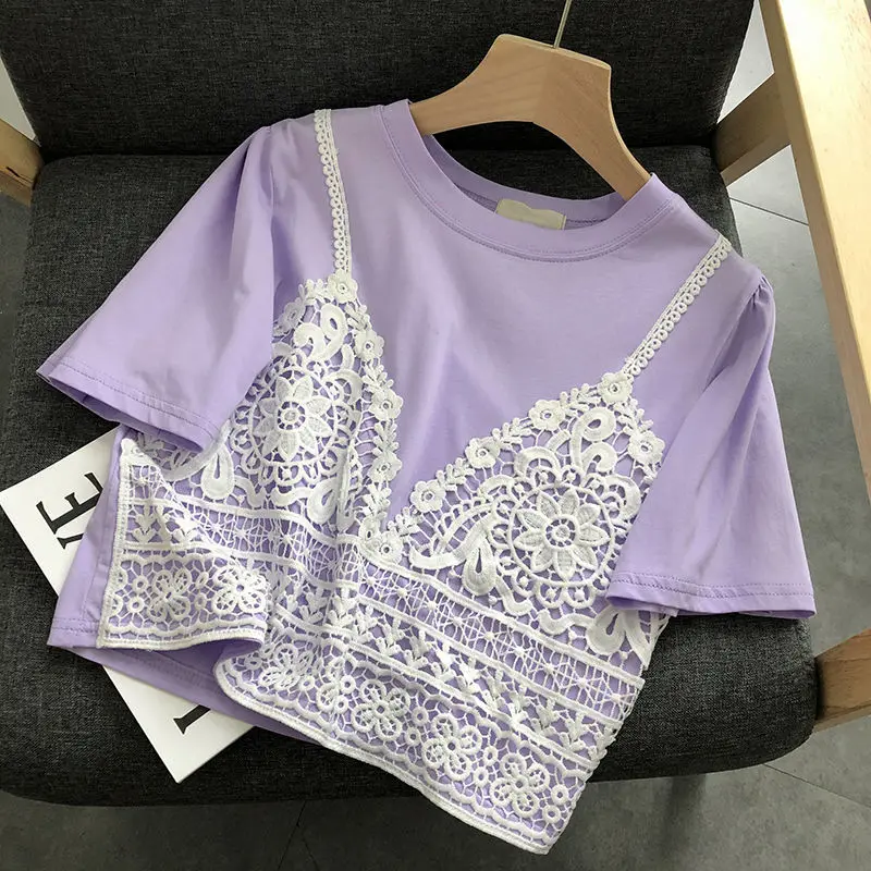 

Summer Korean Clothes Fake Two Piece Lace T-shirt Women Sexy Crop Tops Ropa Mujer Cotton Bottoming Shirt Short Sleeve Tee G1823
