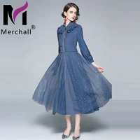 elegant vintage denim long dress female jean mesh patchwork ruffled collar long lantern sleeve single breasted maxi dress m63291