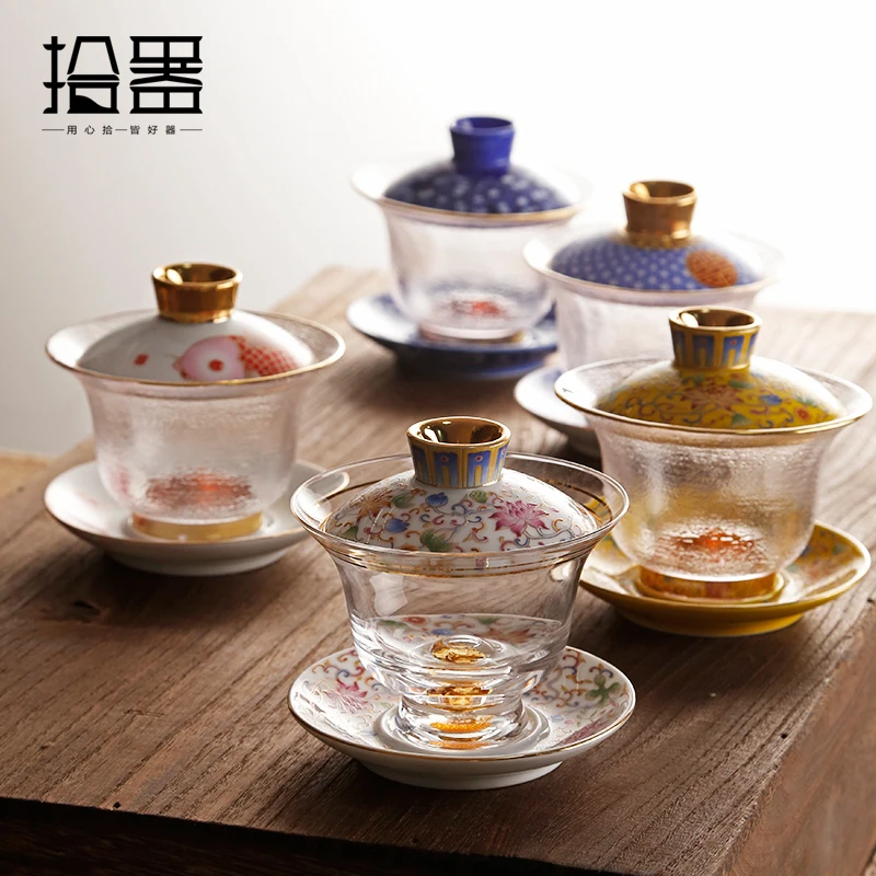 Эмалированная цветная термостойкая стеклянная чаша с тремя чашами чайная