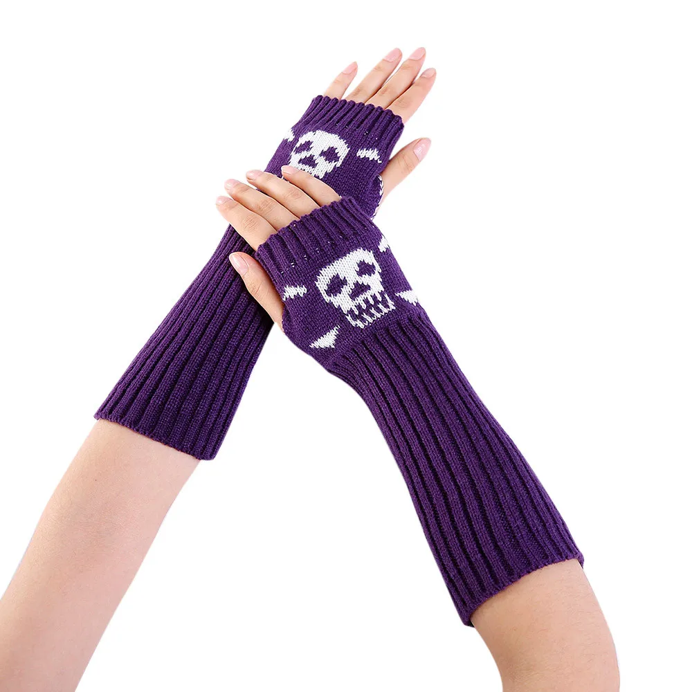 Варежки с принтом в виде черепа вязаные длинные перчатки без пальцев женские