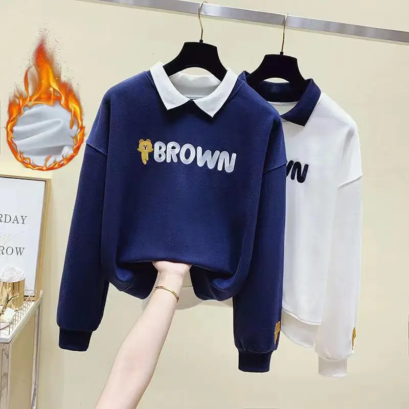 

Autumn and Winter Plus Velvet Thicker Loose Korean Ladies Pullover 2021 New Doll Collar Bear Embroidery Coat Tide Sweatshirt